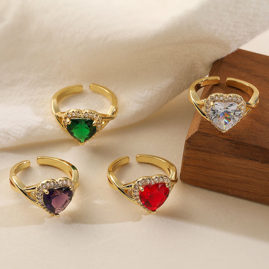 Minimalist Vintage 18K Gold Plated Brass Heart Ring with Cubic Zirconia for Women
