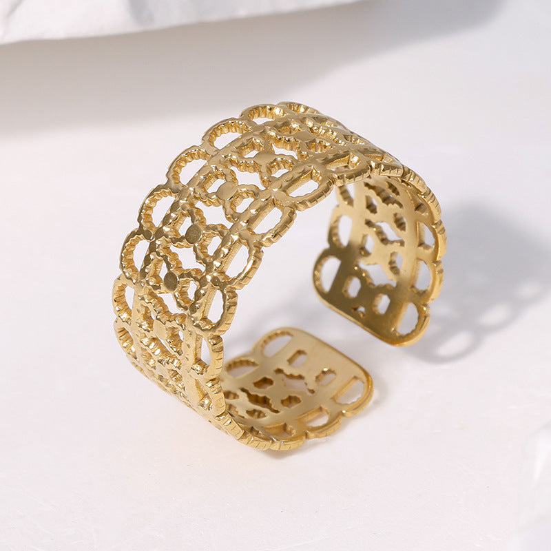 Vintage Geometric Hollow-Out Titanium Steel Ring for Women with Gold Plating and Adjustable Open Band