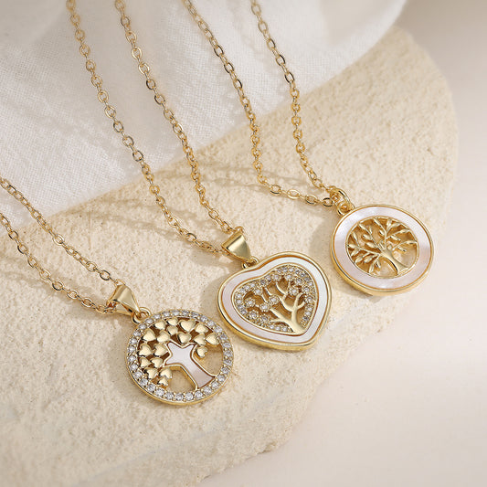Minimalist Gold Plated Brass Geometric Tree of Life Pendant Necklace with Cubic Zirconia for Women