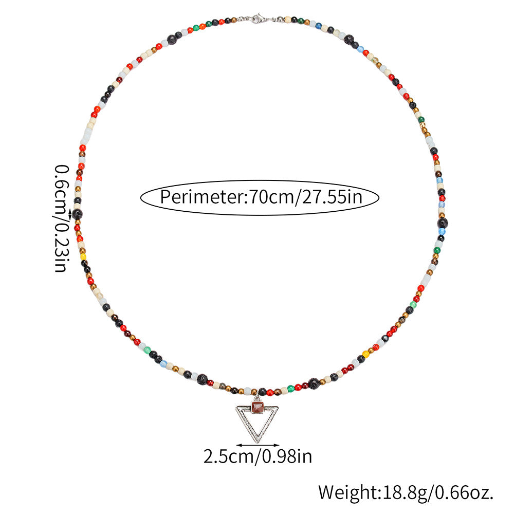 Ethnic Colorful Glass Bead Triangle Geometric Pendant Leather Alloy Necklace for Men and Women