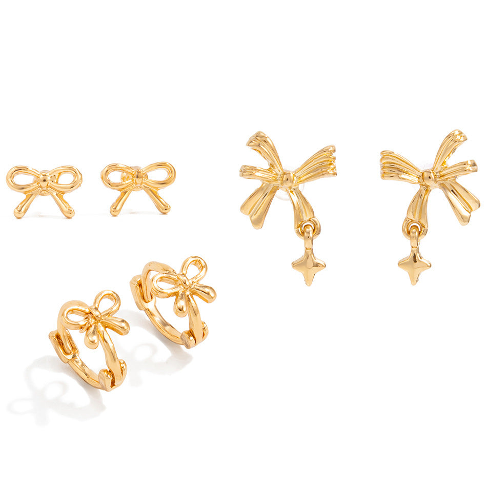 Orecchini a perno e ear cuff minimalisti con fiocco da donna con lega elettrolitica e perni in acciaio inossidabile
