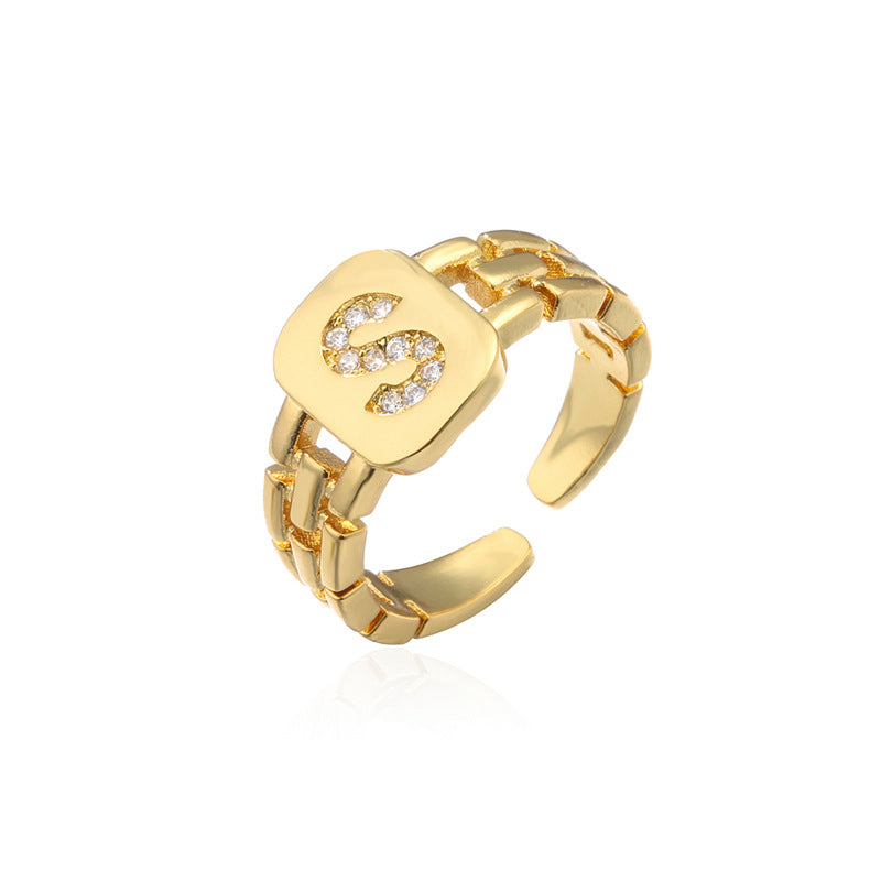 Minimalist Letter Shape Copper Ring with Micro-Pavé Setting Adjustable Geometric Band
