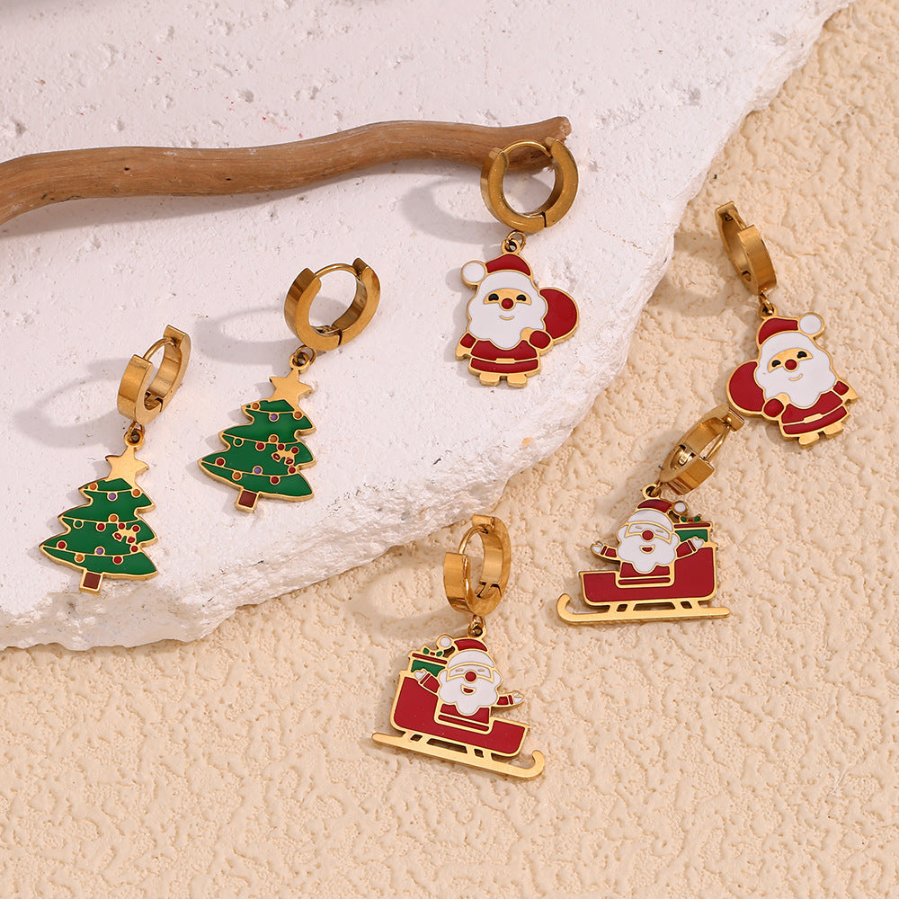 Cute Cartoon Santa Claus Enamel Earrings in Stainless Steel with 18K Gold Plating for Women