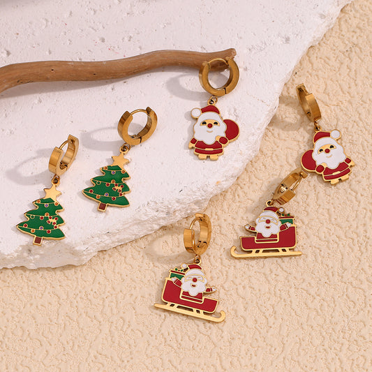 Orecchini in Acciaio Inossidabile a Forma di Babbo Natale Cartone Animato Smaltati con Placcatura in Oro 18K da Donna