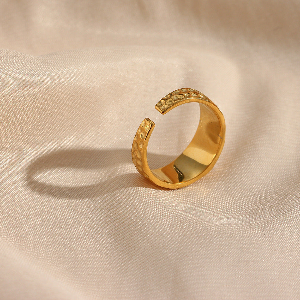 Minimalist Geometric Stainless Steel Plated 18K Gold Moon Surface Ring with Zirconia Accent for Women
