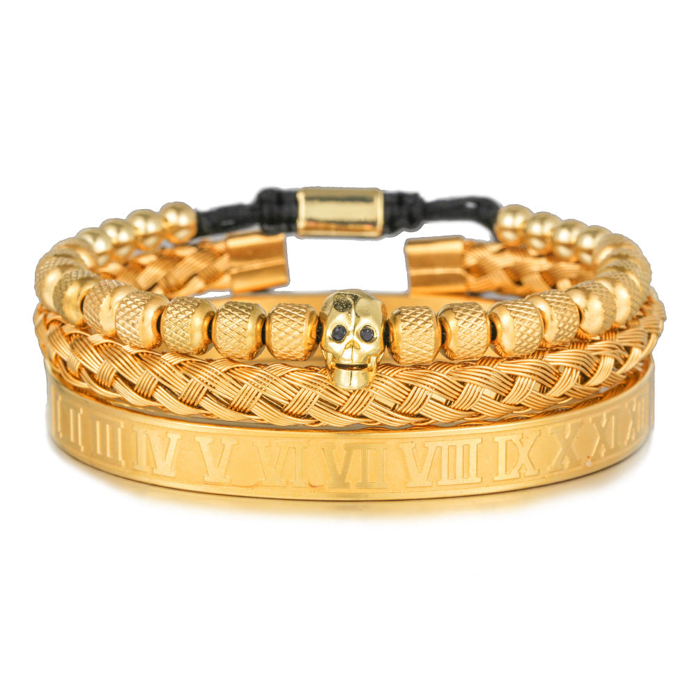 Vintage Streetwear Skull Letter Number Braided Titanium Steel Bracelet with Cubic Zirconia
