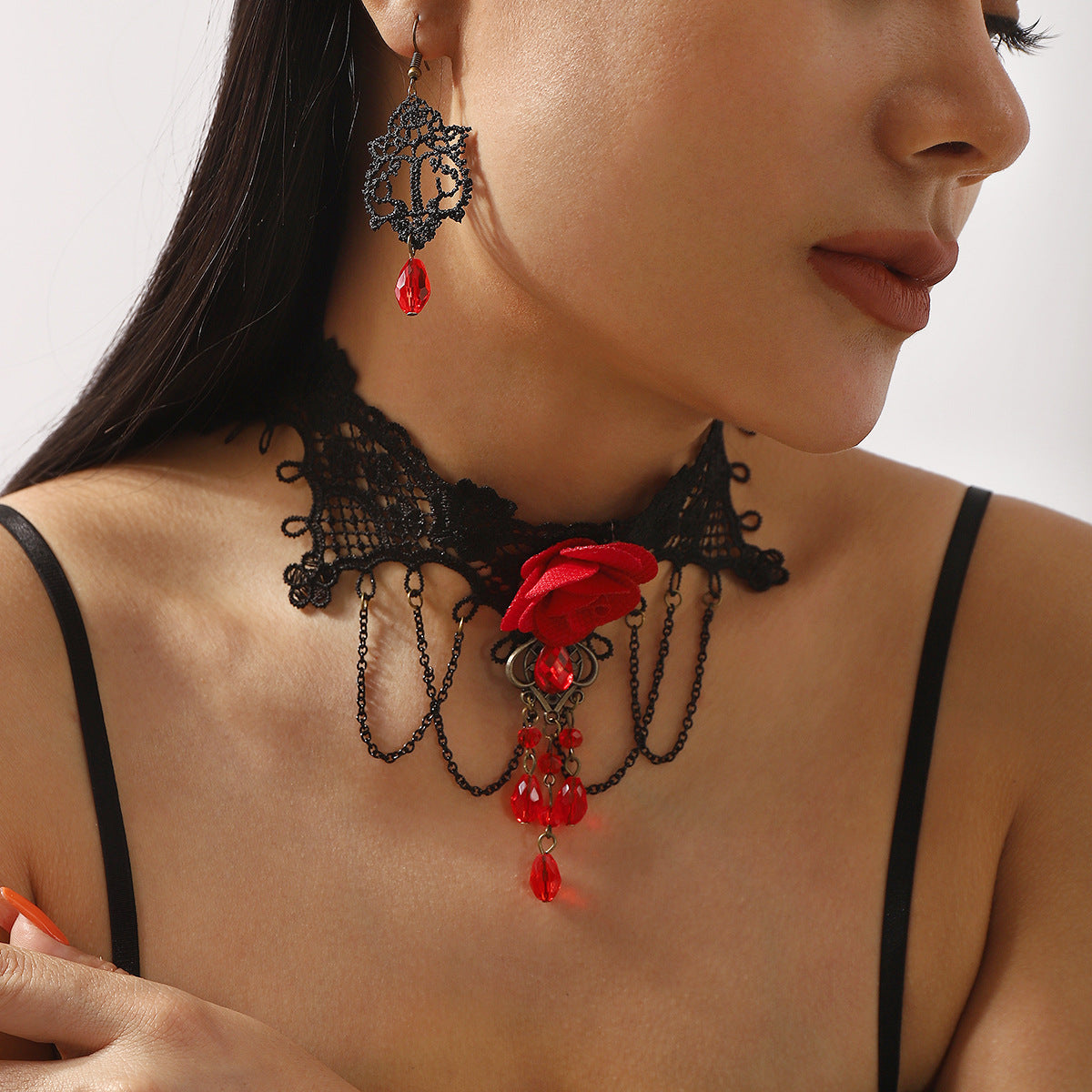 Set di collana e orecchini floreali in pizzo di rosa, dolci e grintosi, con dettagli in strass, per donna