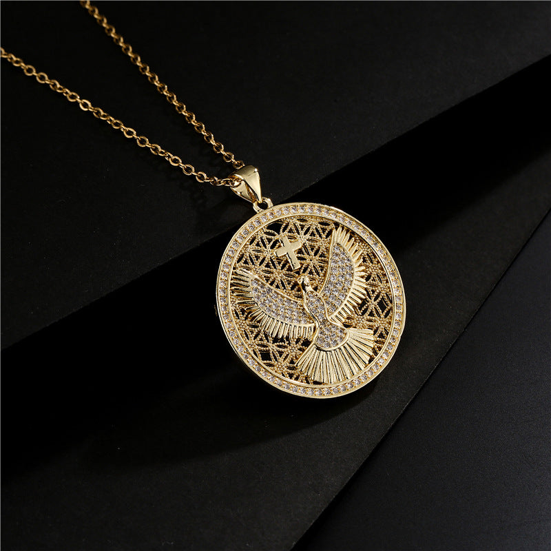 Punk Round Eagle Micro-inlay Brass Pendant Necklace with Box Chain