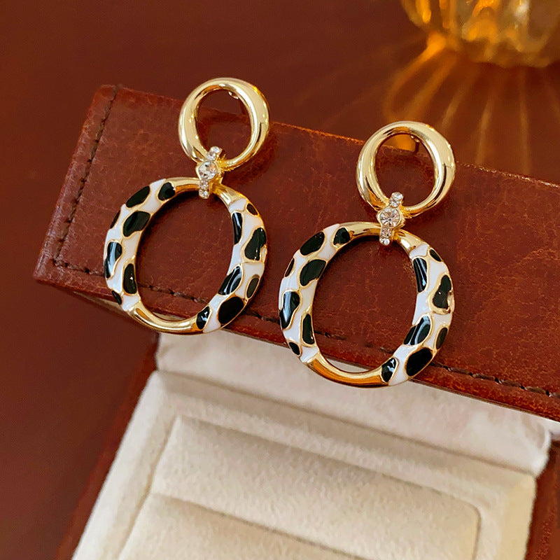 Vintage-Style Geometric Round Hoop Earrings for Women with Alloy Base Plated in Silver Tone Enamel Leopard Print and Rhinestone Inlay