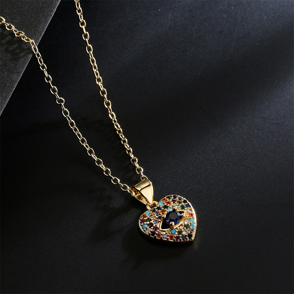 Multi-Color Cubic Zirconia Heart Geometric Inlay Brass Necklace with Cable Chain