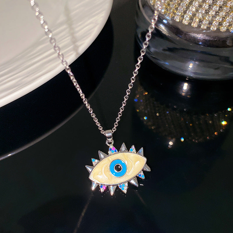 Sporty Sweet Evil Eye Floral Pendant Titanium Steel Necklace with Cable Chain