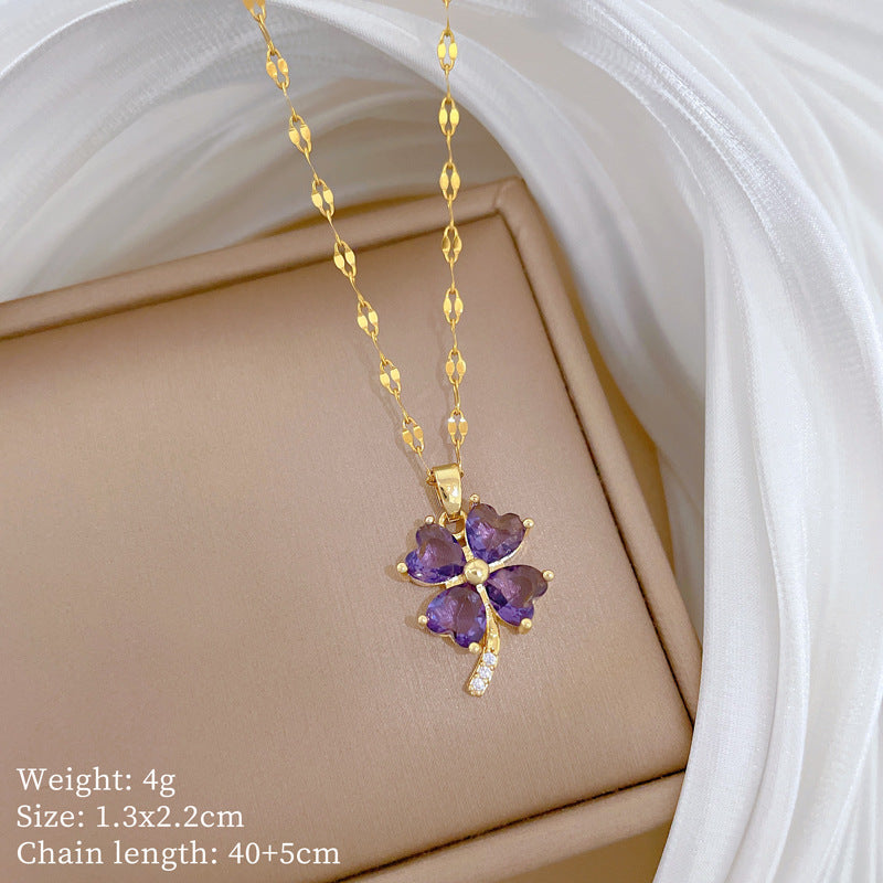 Sweet Minimalist Geometric Floral Inlaid Cubic Zirconia Brass Pendant Titanium Steel Necklace for Women