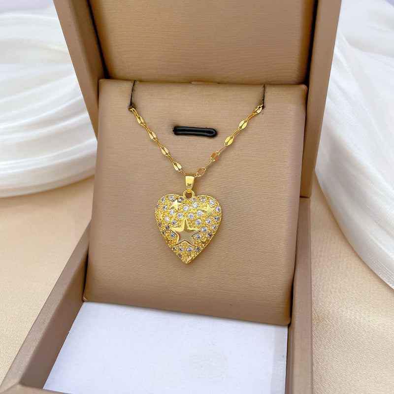 Collar con colgante geométrico de corazón y estrella minimalista de acero de titanio con detalles de diamantes de imitación para mujer y hombre