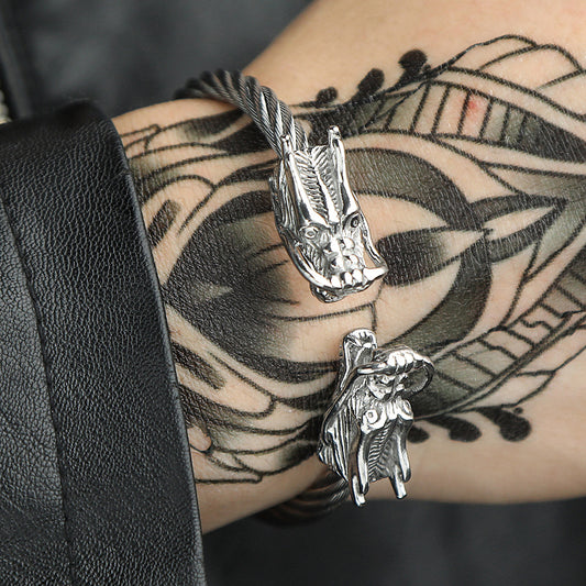 Punk Round Dragon Head Titanium Steel Stainless Steel Plated Cuff Bracelet
