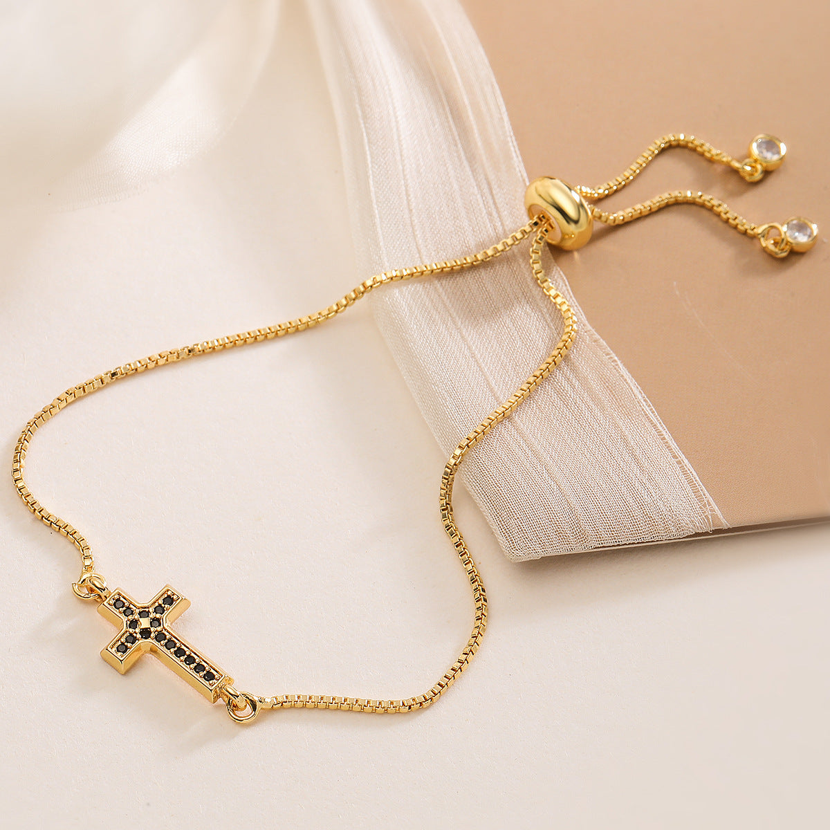 Minimalist Gold Plated Brass Cross Bracelet with Cubic Zirconia for Women