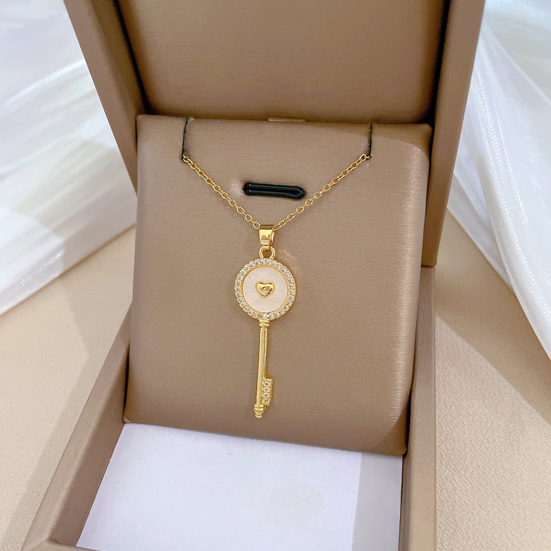 Luxury Titanium Steel Geometric Moon Pendant Necklace for Women and Men with Rhinestone Inlay