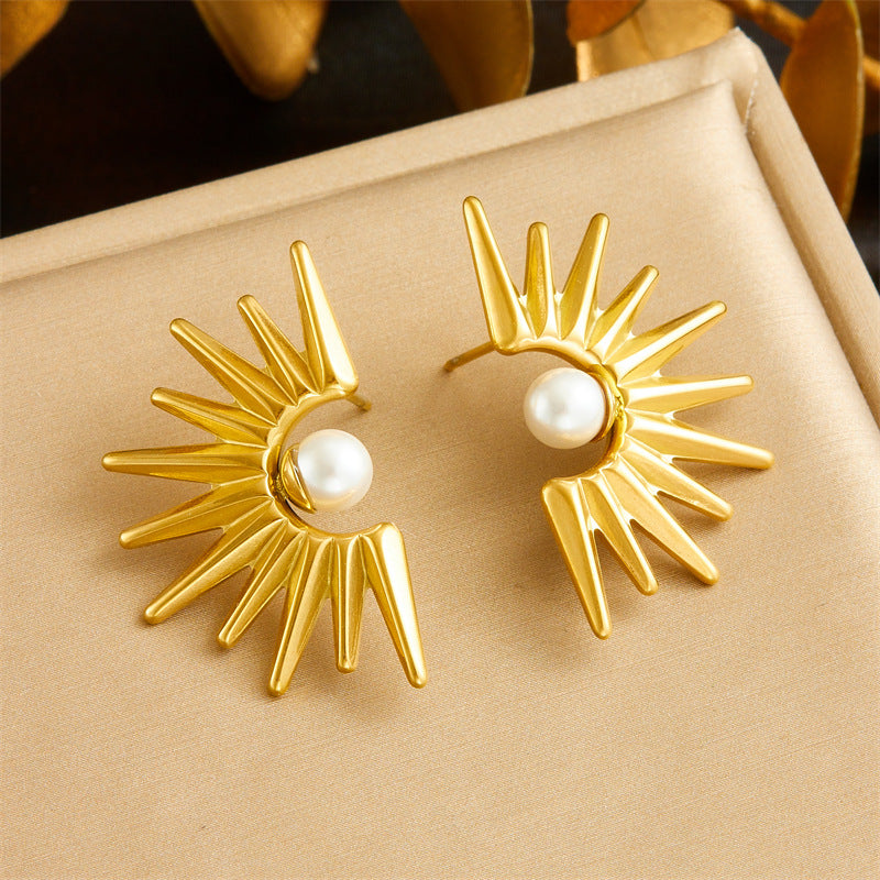 Conjunto de collar, aretes y anillo vintage de girasol con perlas para mujer, cadena de caja de acero inoxidable enchapado