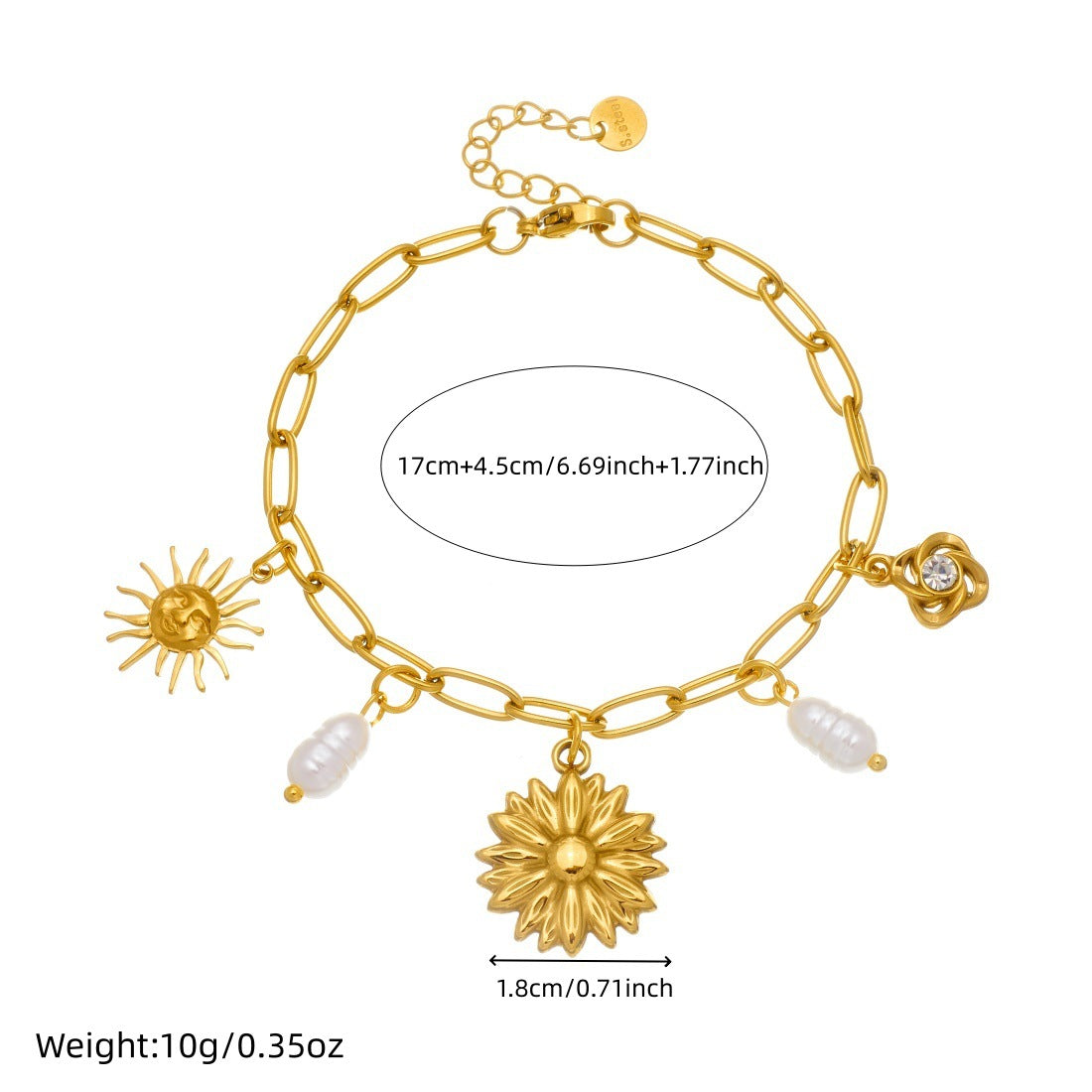 Fashion Elegant Gold Plated Stainless Steel Floral Sun Face Pearl Pendant Cable Chain Bracelet for Women