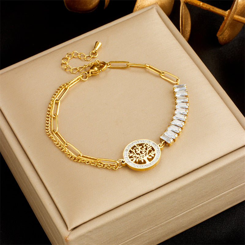 Bracciale in acciaio inossidabile con ciondolo tondo irregolare albero della vita di ispirazione vintage e cristalli pavé