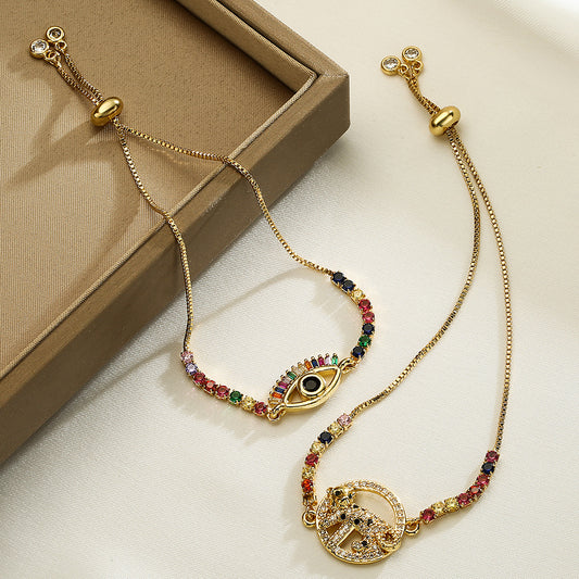 Pulsera Ajustable Geométrica Minimalista de Ojo Turco para Mujer con Base de Latón y Baño de Oro con Dije de Leopardo Micro-Pavé