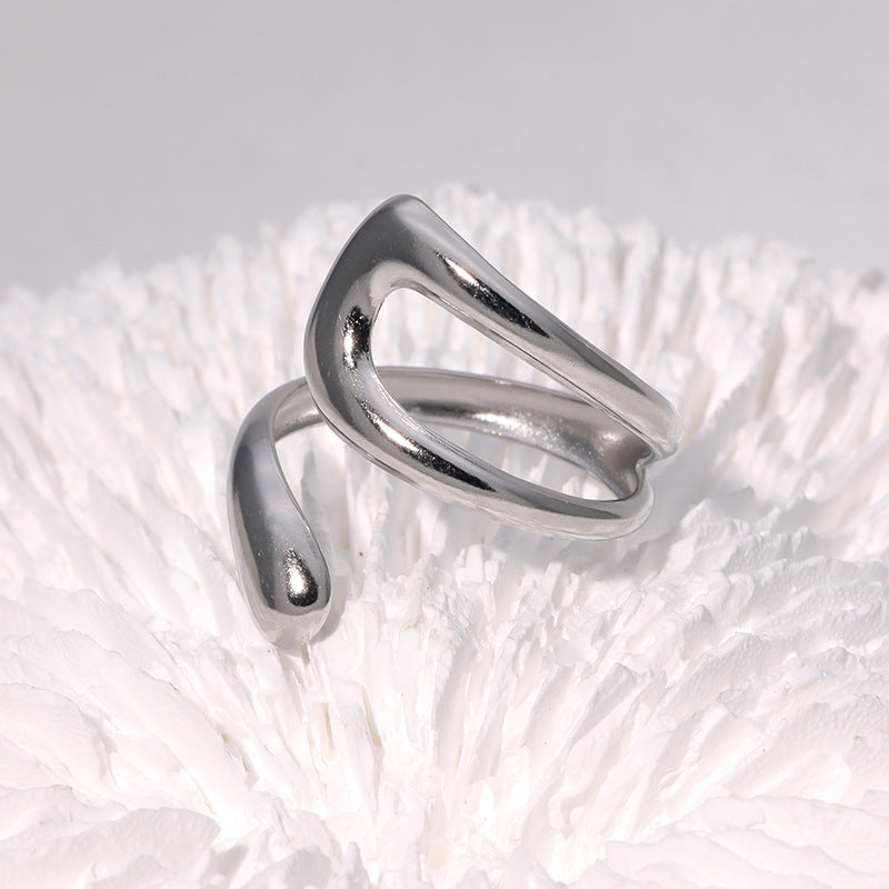 Minimalist Geometric Hollow Stainless Steel Adjustable Open Ring for Women with Plated Finish