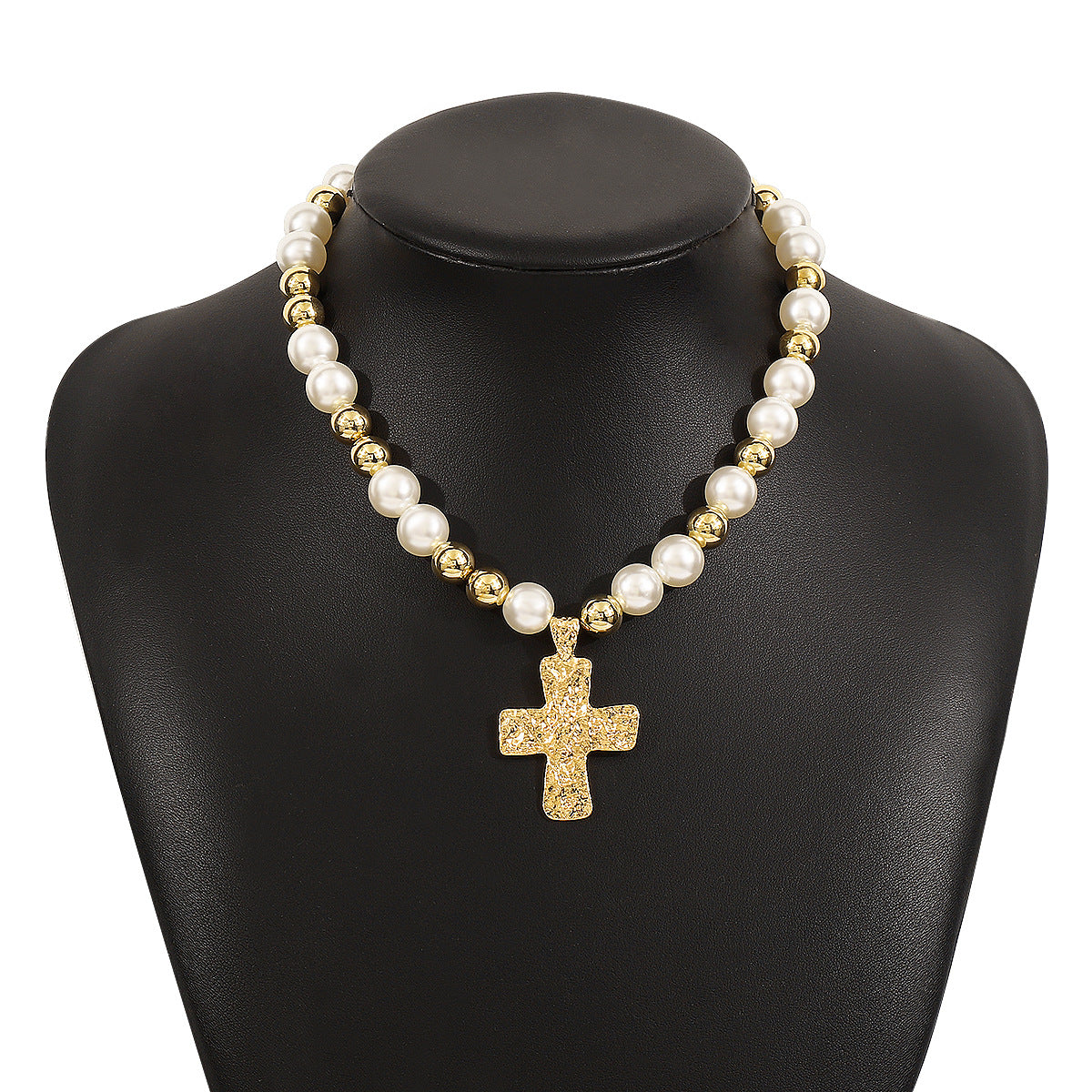 Collana con pendente a croce minimalista in lega con perle simulate da donna