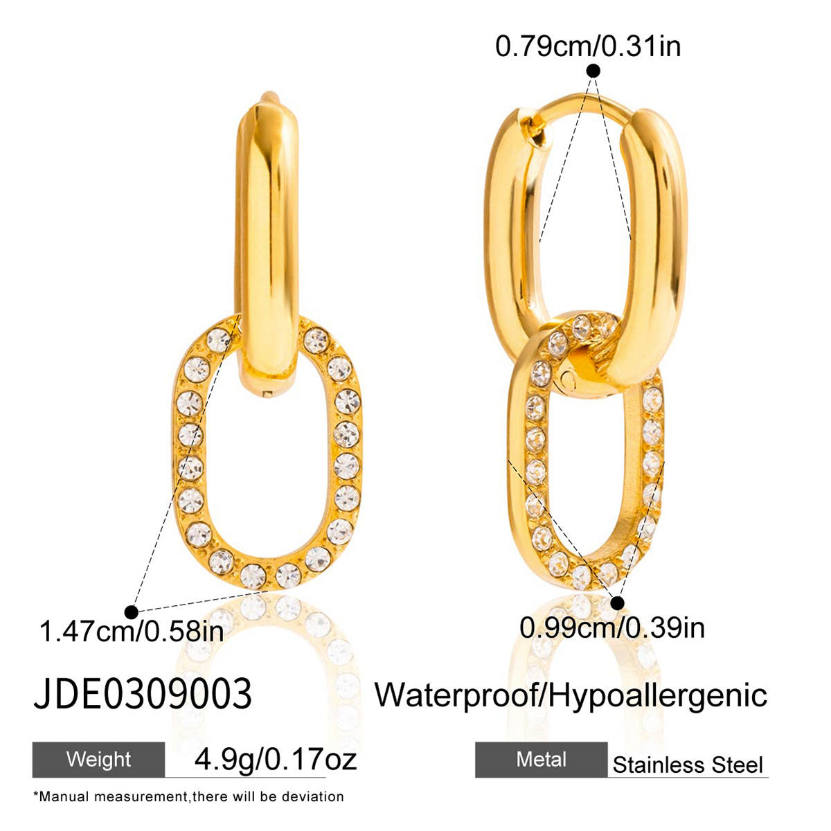 Elegant Geometric Stainless Steel Cubic Zirconia C-Shape Clip-On Earrings for Women