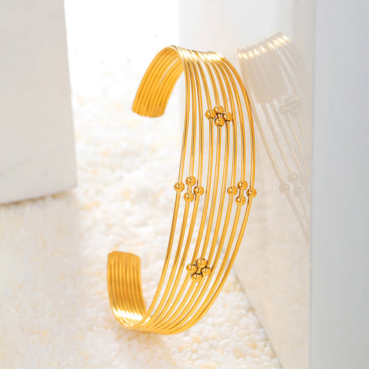 Geometric Round Plated Stainless Steel Multi-Layer Beaded Open Cuff Bracelet