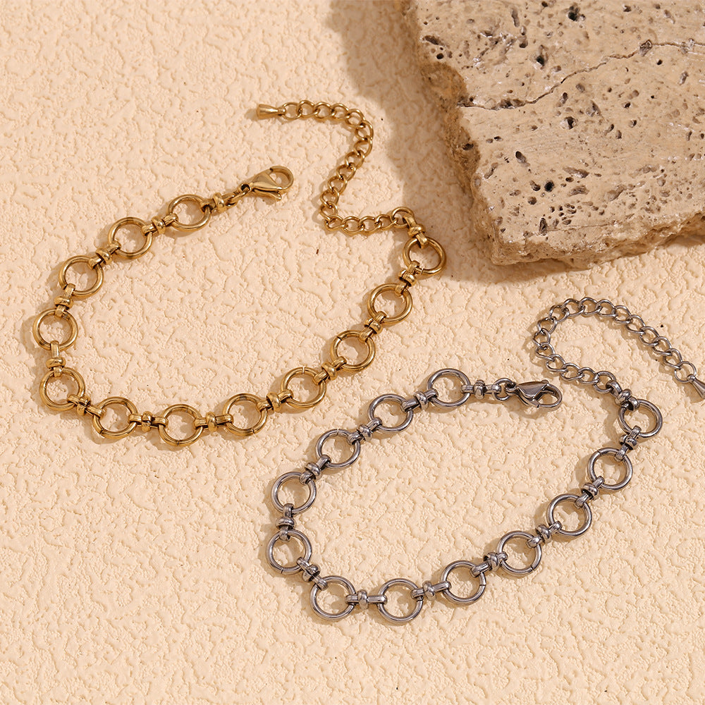 Minimalist Geometric Stainless Steel Plated 14K Gold Round Link Cross Clasp Bracelet for Women