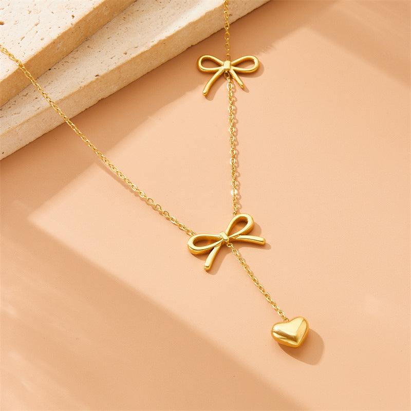 Minimalist Gold Plated Stainless Steel Bow and Tassel Pendant Necklace for Women
