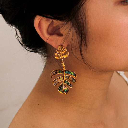 Pendientes de Acero Inoxidable con Forma de Hoja y Estrella de Mar de Estilo Vintage con Baño de Oro de 18K