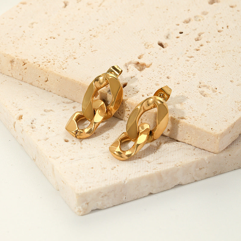 Irregular Geometric Shape 18K Gold-Plated Titanium Steel Earrings for Women with U-Shaped Design and Chain Detail