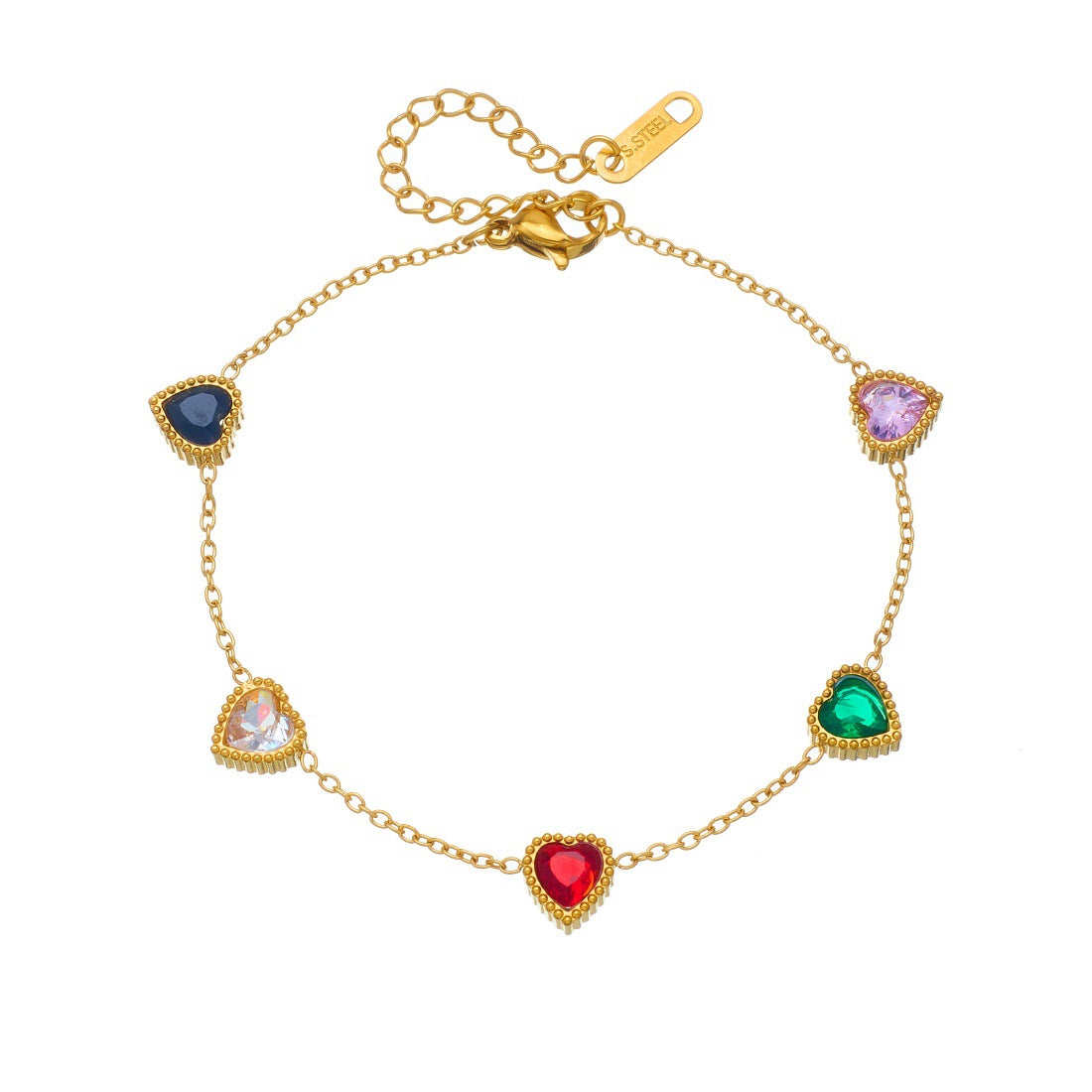 Colorful Rhinestone Heart Plated Stainless Steel Bracelet for Women