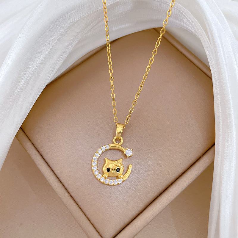 Sweet Cartoon Moon Cat Cubic Zirconia Titanium Steel Necklace for Unisex