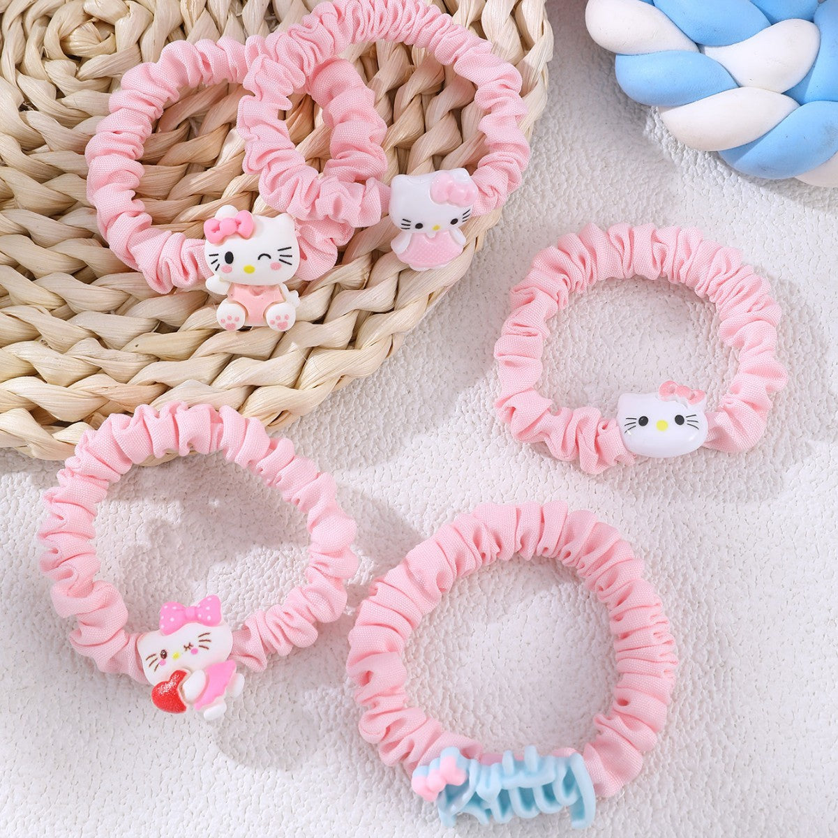 Cute Sanrio-Inspired Hair Tie for Girls with Cartoon Design, Knitted Fabric, Pastel Macaron Color, Sweet Kawaii Style Hair Accessory