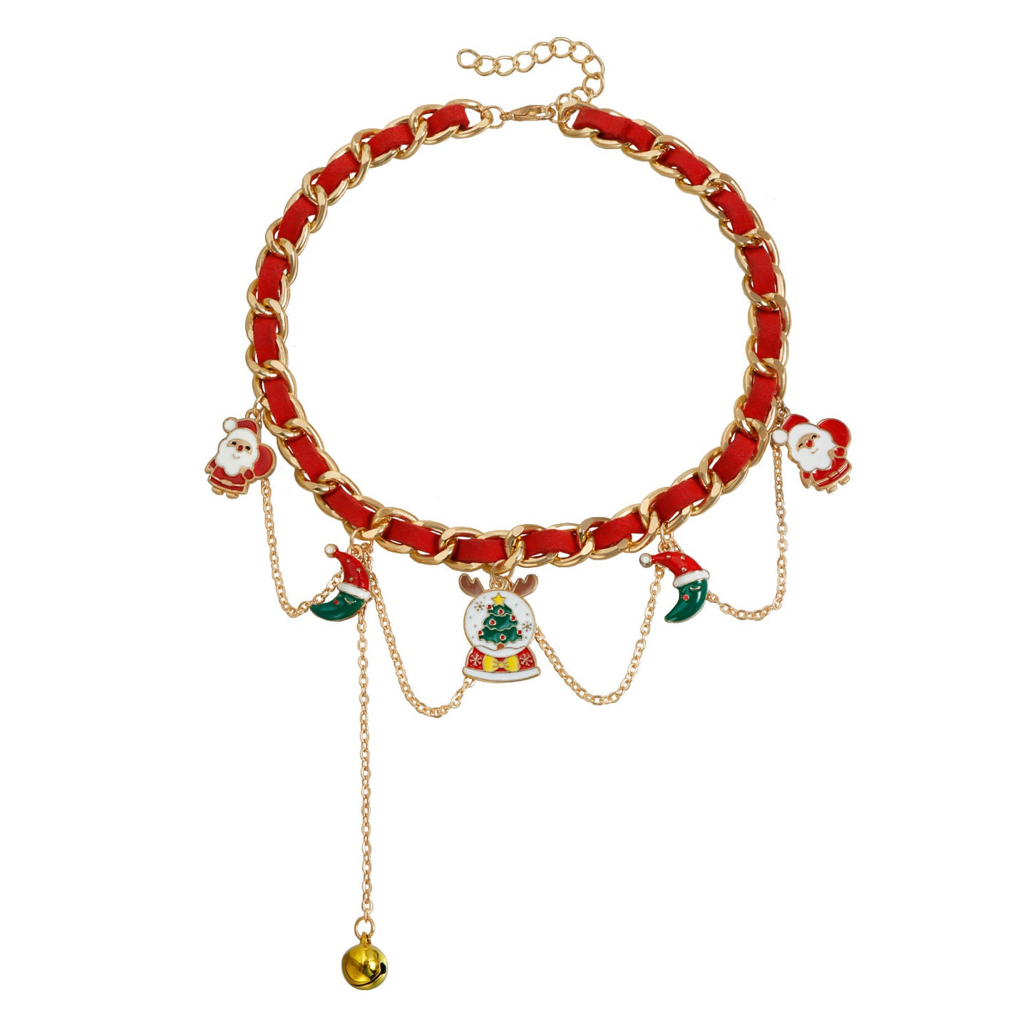 Geometric Alloy Plated Ribbon Woven Choker Necklace with Christmas Bell for Women