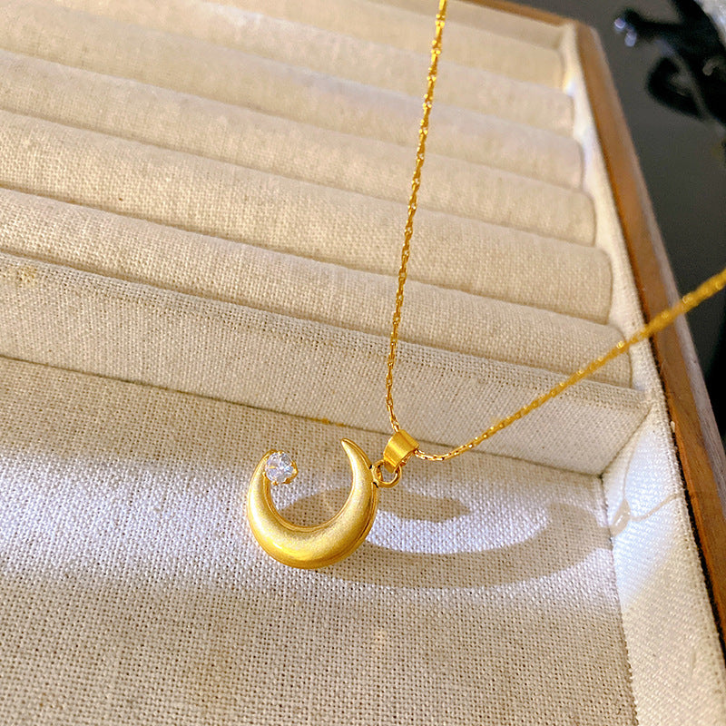 Sweet Minimalist Gold Plated Moon Cubic Zirconia Necklace Titanium Steel
