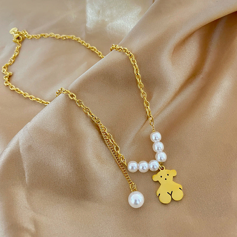 Hip-hop Gold Plated Titanium Steel Bear Pearl Necklace