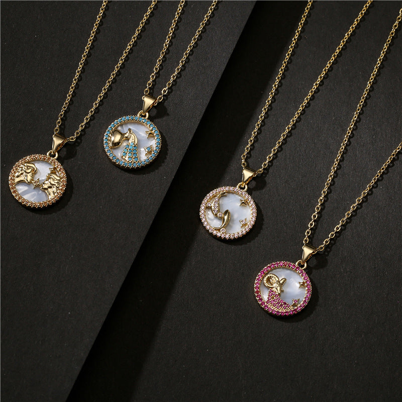 Minimalist Geometric Pendant Necklace with Gold-Plated Copper Base and Micro-Paved Colored Zirconia