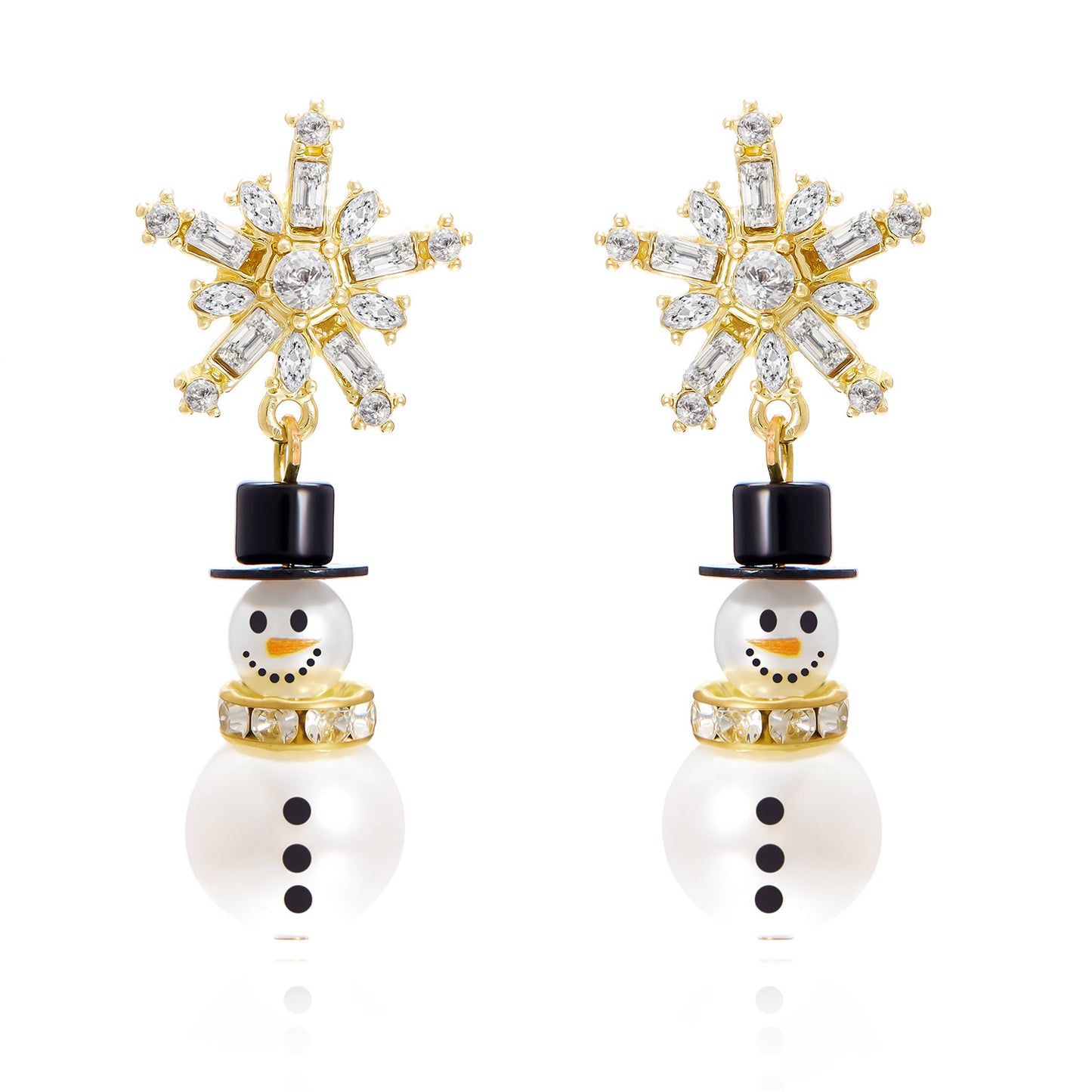 Pendientes de perla con diseño de copo de nieve y temática navideña para mujer, con incrustaciones de diamantes de imitación y diseño geométrico en aleación con acabado de baño.
