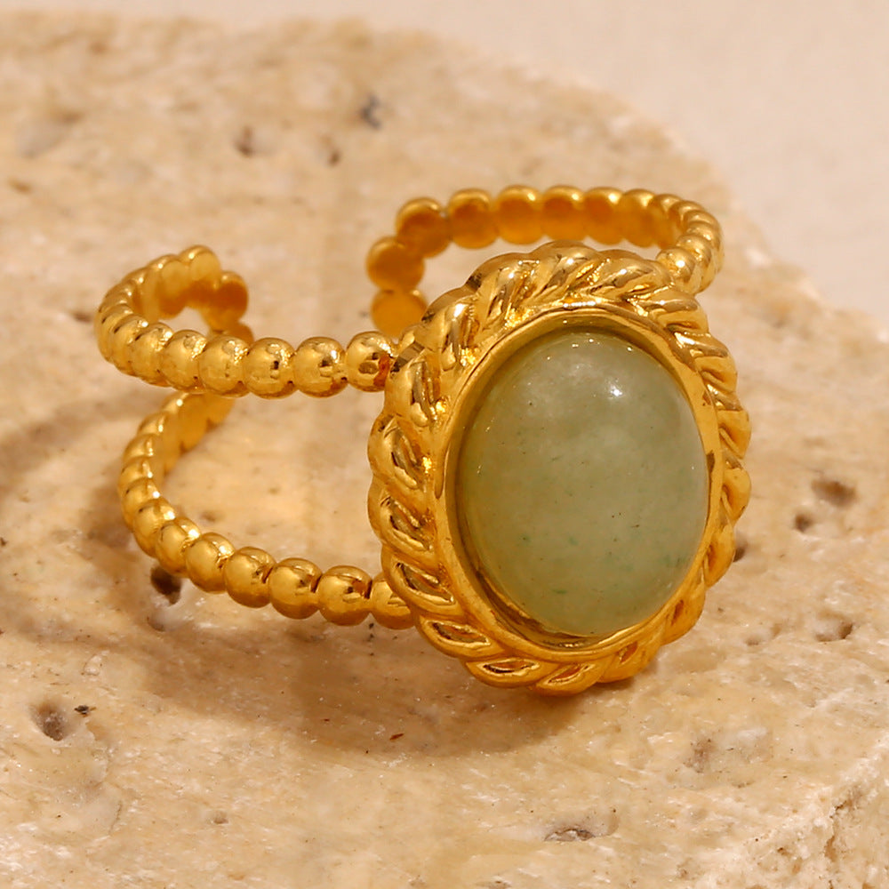 Vintage Style Geometric Stainless Steel Ring with 18K Gold Plating and Green Aventurine Inlay for Women