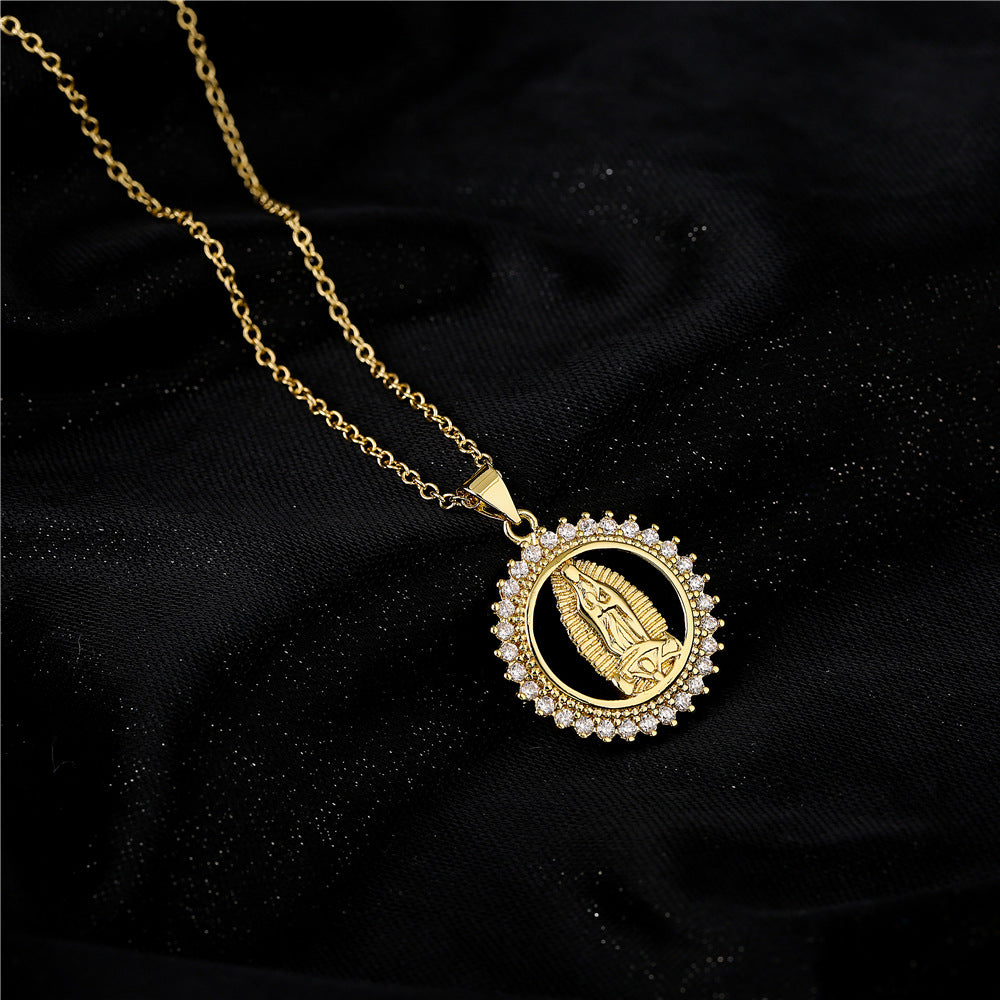 Collana Rame Geometrica Artigianale Vintage con Ciondolo Zirconi Micro-Incastonati su Catena a Maglia Ovale