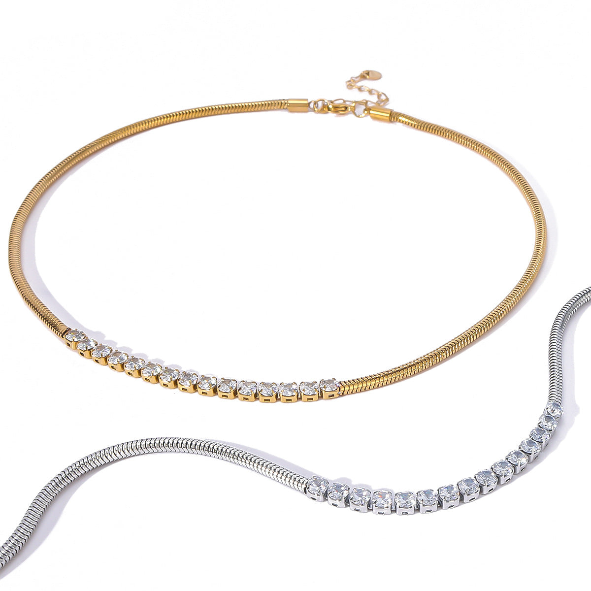 Minimalist Geometric Stainless Steel Snake Chain Necklace with Zircon Inlay for Women