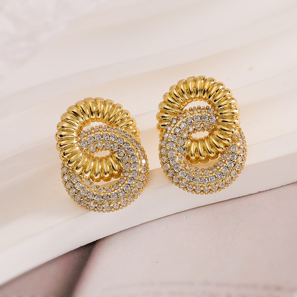 Minimalist Geometric Stud Earrings for Women with Cubic Zirconia Inlay in Copper Plated with 18K Gold Vintage Finish