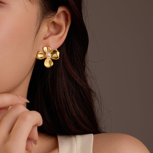 Vintage Floral Petal-Shaped Stainless Steel Earrings with 18K Gold Plating