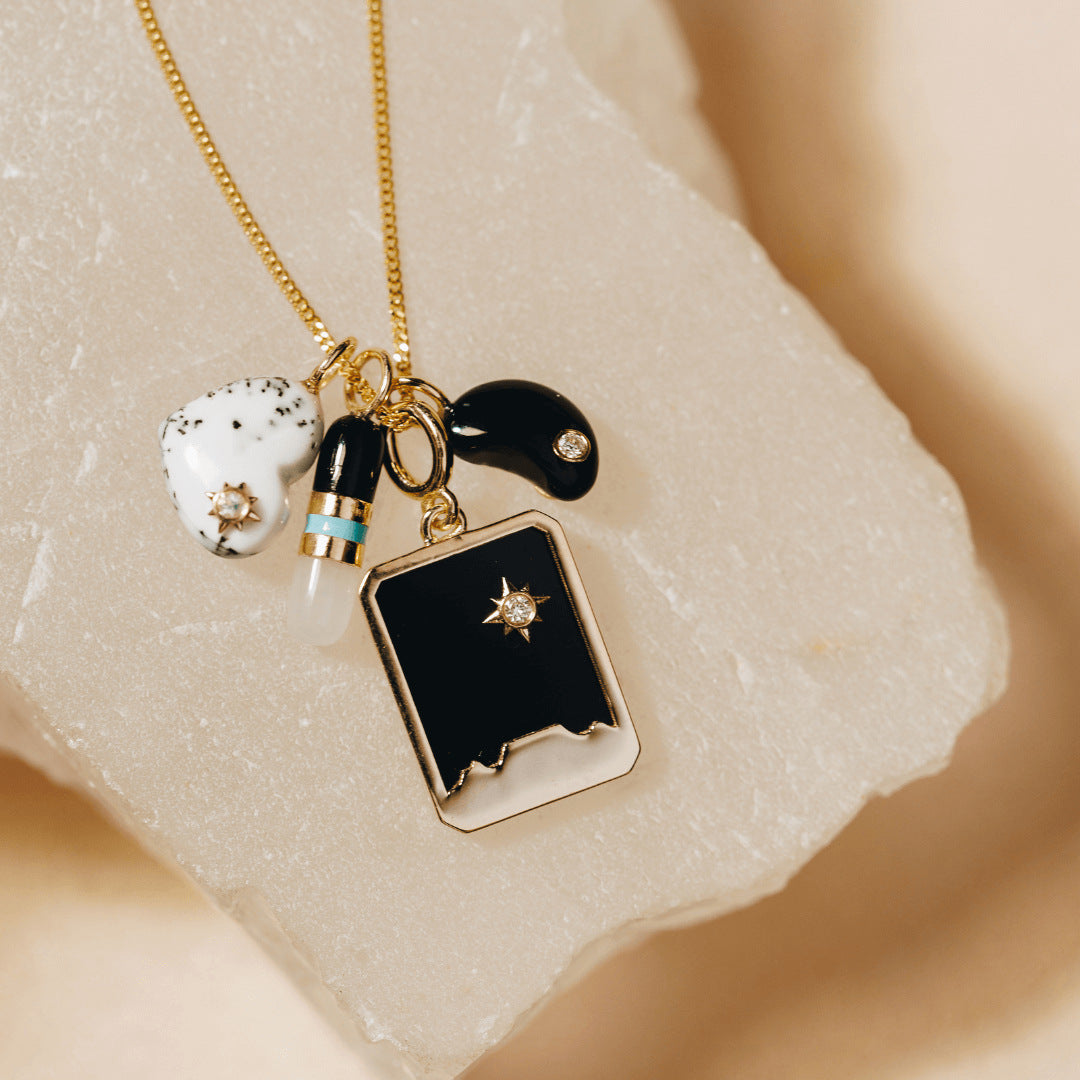 Minimalist Colorful Heart and Sun Geometric Rhinestone Inlaid Stainless Steel Necklace Charm Bar