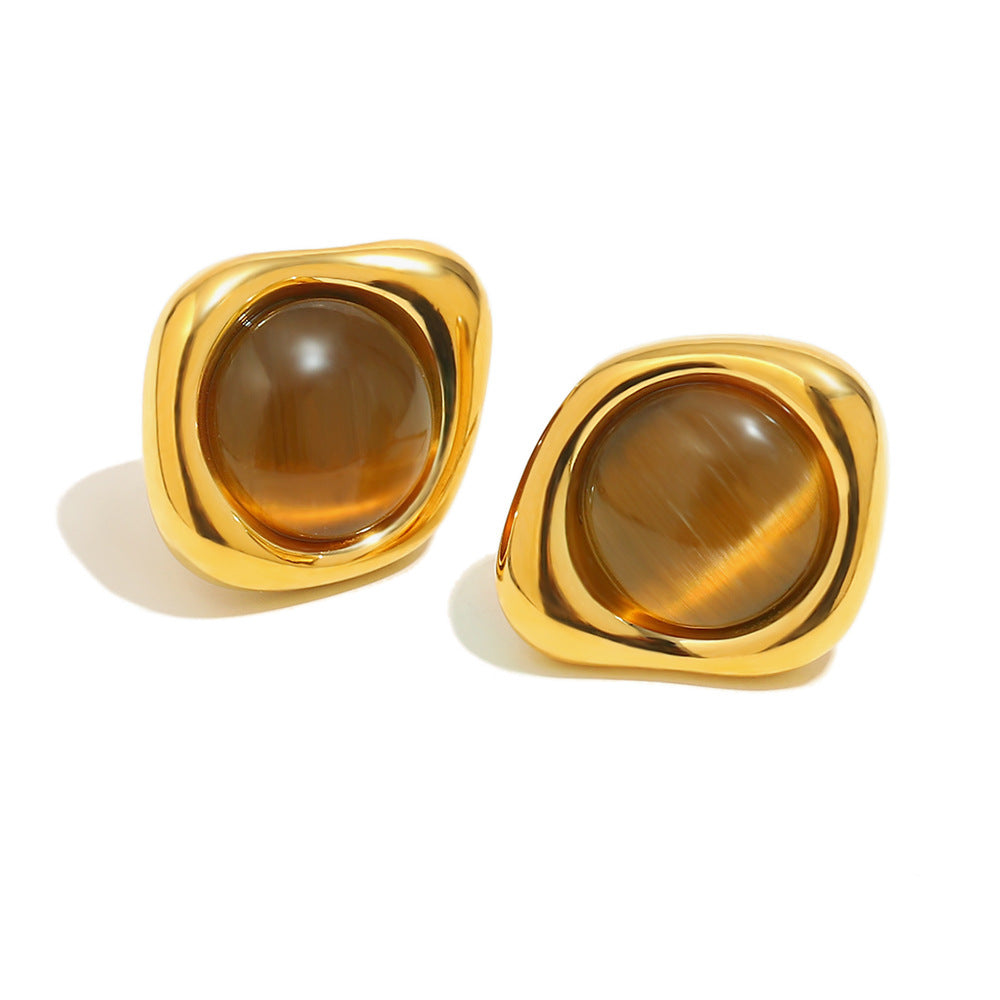 Pendientes de tuerca minimalistas geométricos franceses antiguos de acero inoxidable chapados en oro de 18 quilates con ojo de tigre para mujer
