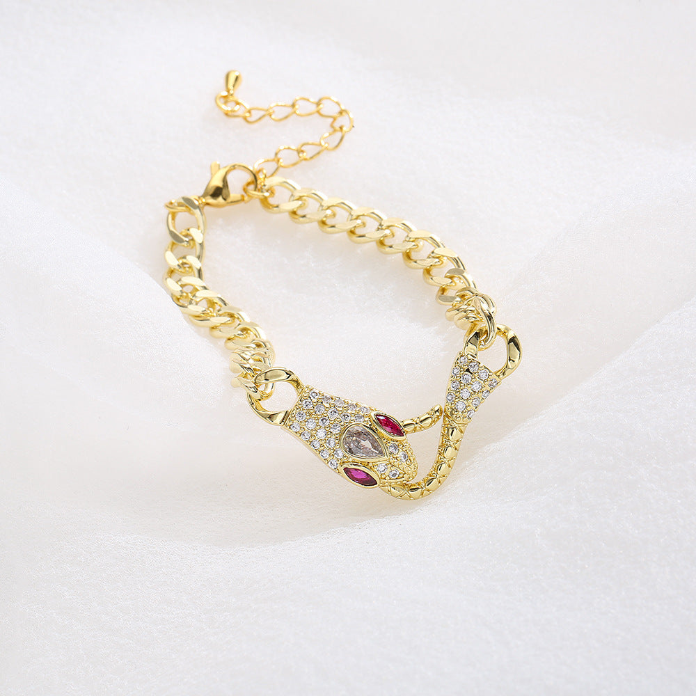 INS Style Geometric Snake Shape Copper Bracelet with 18K Gold Plating and Zircon for Women