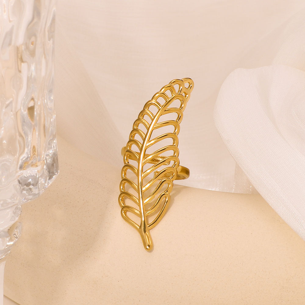 Minimalist Asymmetrical Leaf-Shaped Stainless Steel Ring with Wavy Geometric Lines and Electroplated Finish for Women and Men