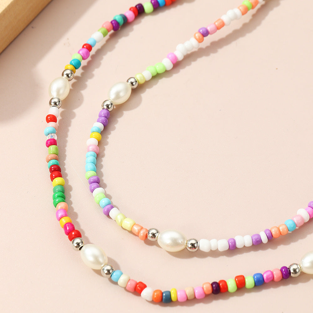 Collar Minimalista Geométrico de Doble Capa para Niñas Hecho de Cristal y Acrílico con Cadena de Bolas Redondas